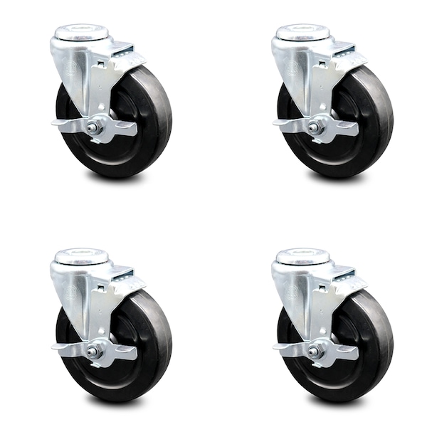 5 Inch Hard Rubber Wheel Swivel Bolt Hole Caster Set with Brake